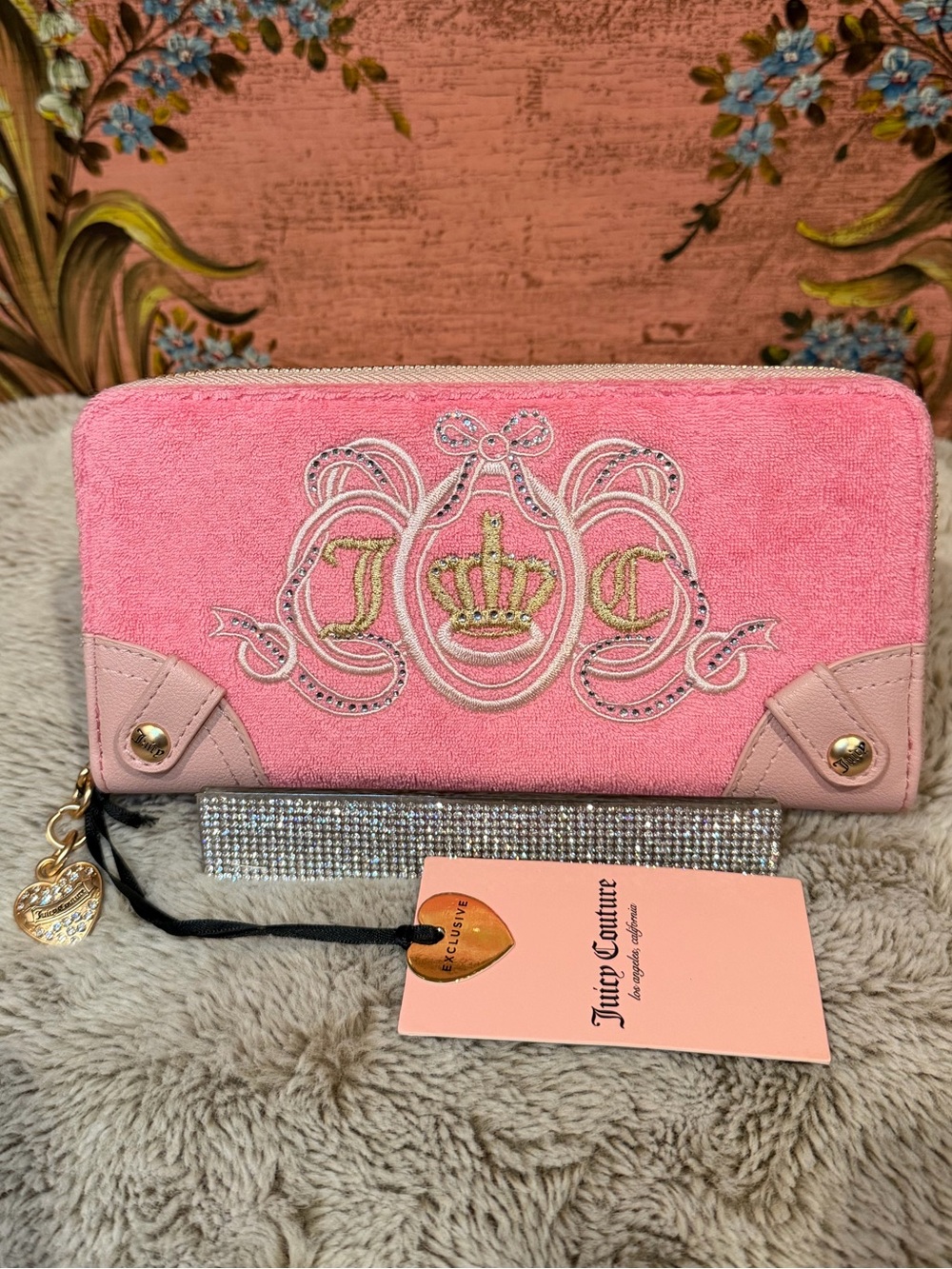 Juicy Couture Pink Crown Embroidered Zip Wallet with bedazzled Accents